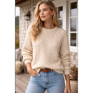 Kauri Kraft Vintage S Cream Ivory Classic Fisherman Cable Knit Crew Neck Sweater